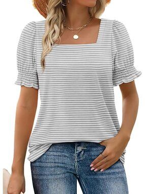 Women's 1 Grey Stripe Square Neck Top Summer Casual Ruffle Trim Sleeve T Shirt